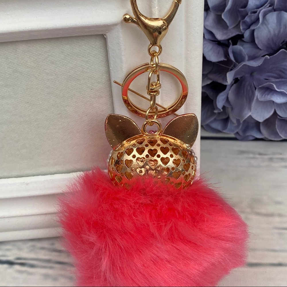 Crystal & Pearl Fox Hot Pink Pom Pom Keychain - Picture 12 of 15